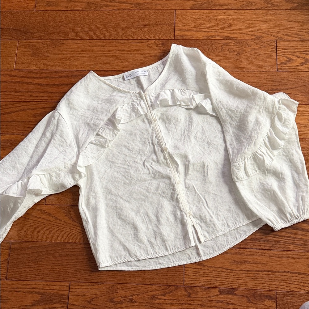 Zara White Ruffle-Trim Button-Front Blouse